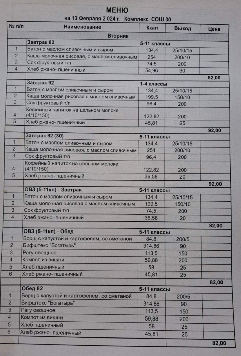 Меню на 13.02.2024.